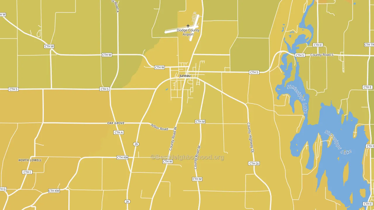 Map of the best neighborhoods in the 53039 area, with better matches in green and worse matches in red