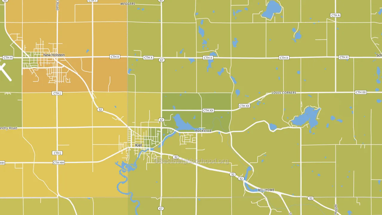 Map of the best neighborhoods in the 53042 area, with better matches in green and worse matches in red