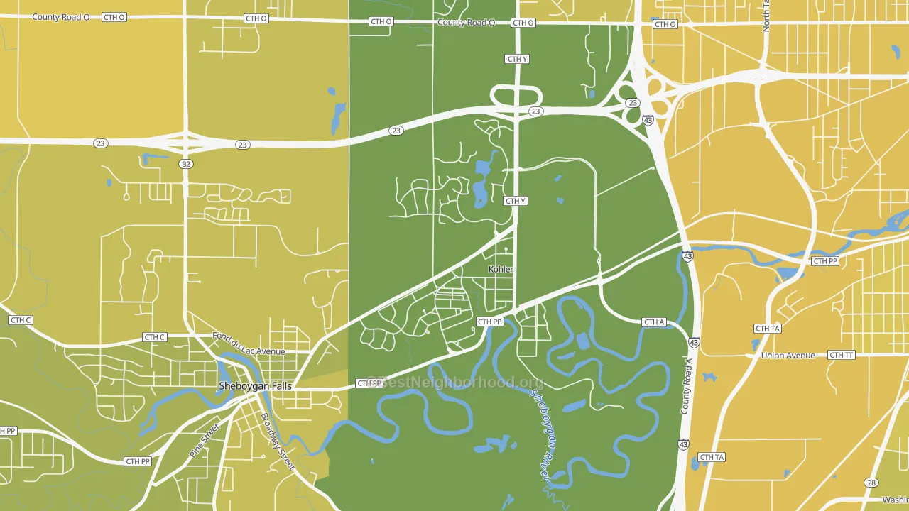 Map of the best neighborhoods in the 53044 area, with better matches in green and worse matches in red
