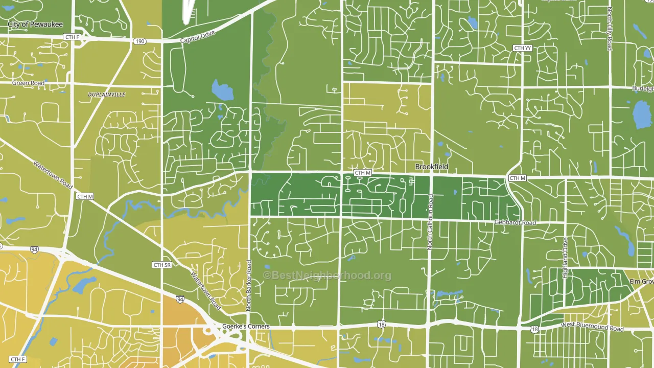 Map of the best neighborhoods in the 53045 area, with better matches in green and worse matches in red