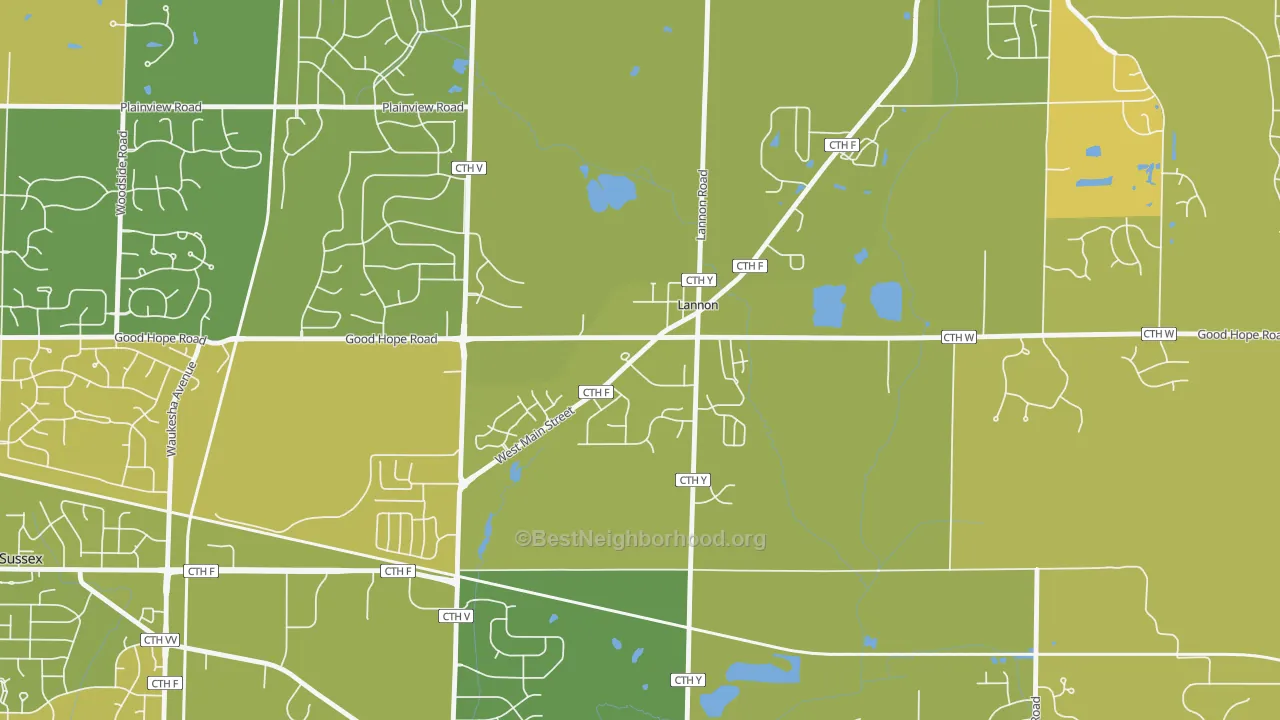 Map of the best neighborhoods in the 53046 area, with better matches in green and worse matches in red