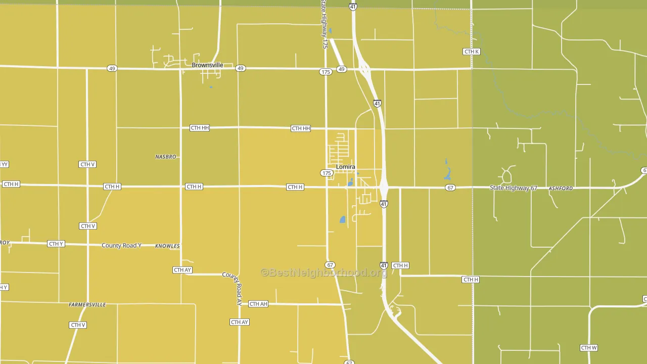 Map of the best neighborhoods in the 53048 area, with better matches in green and worse matches in red