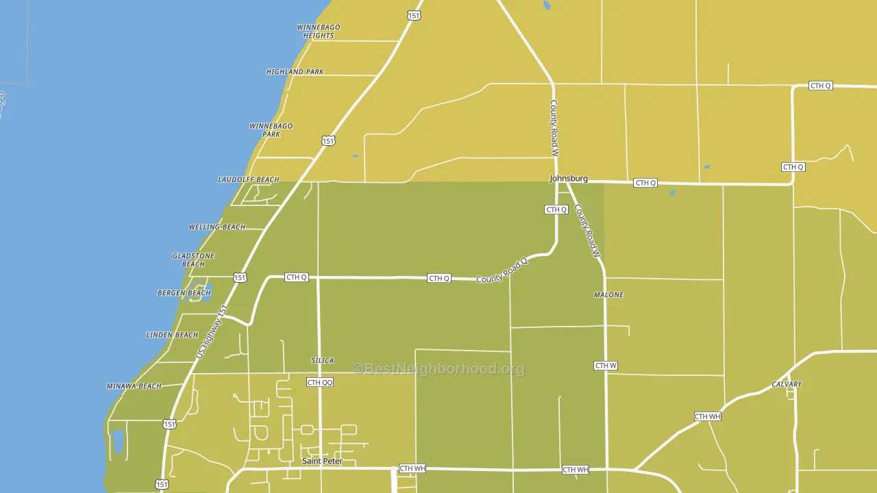 Map of the best neighborhoods in the 53049 area, with better matches in green and worse matches in red