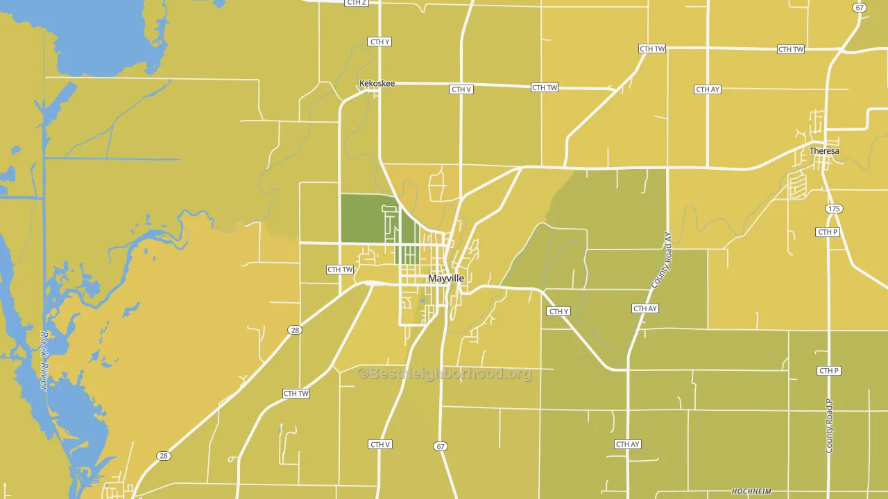 Map of the best neighborhoods in the 53050 area, with better matches in green and worse matches in red