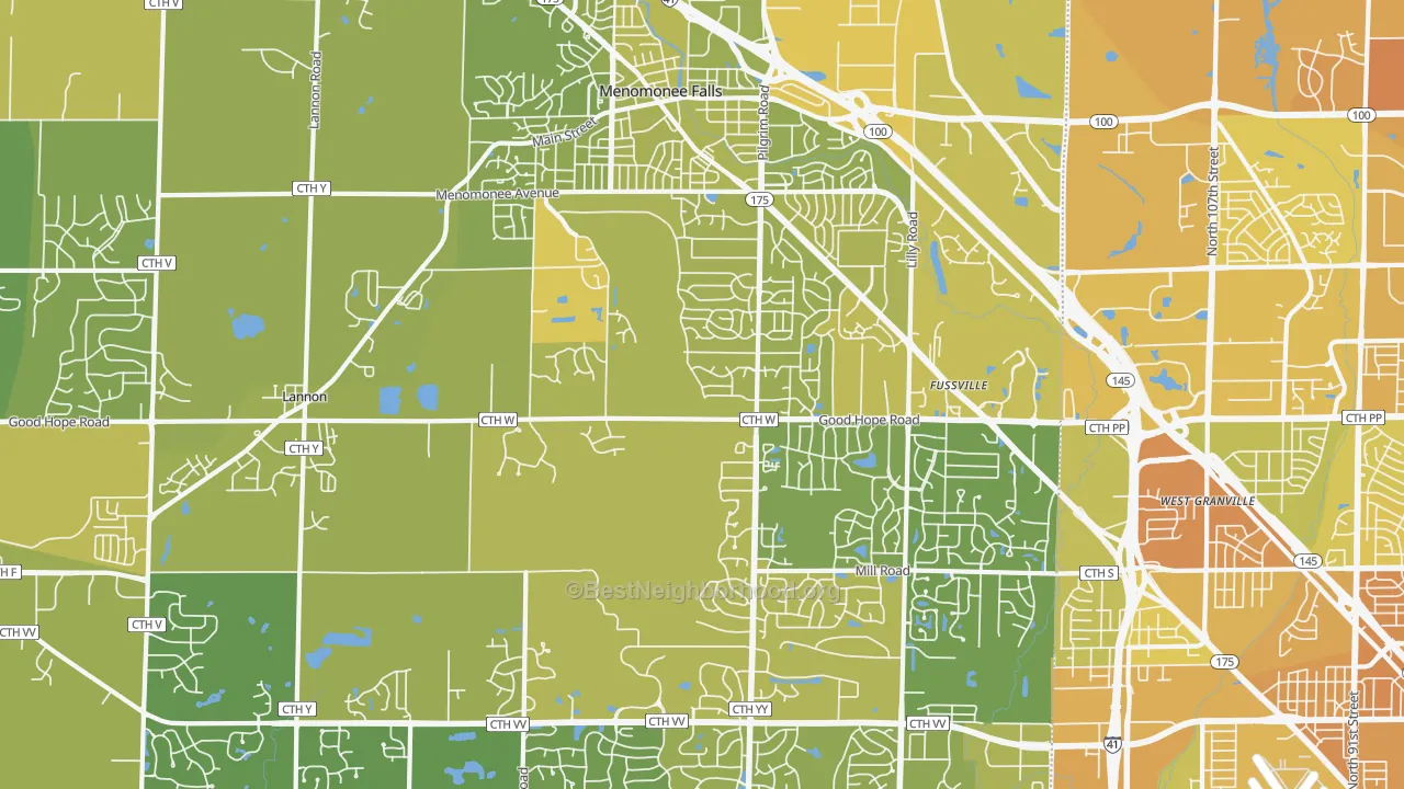 Map of the best neighborhoods in the 53051 area, with better matches in green and worse matches in red