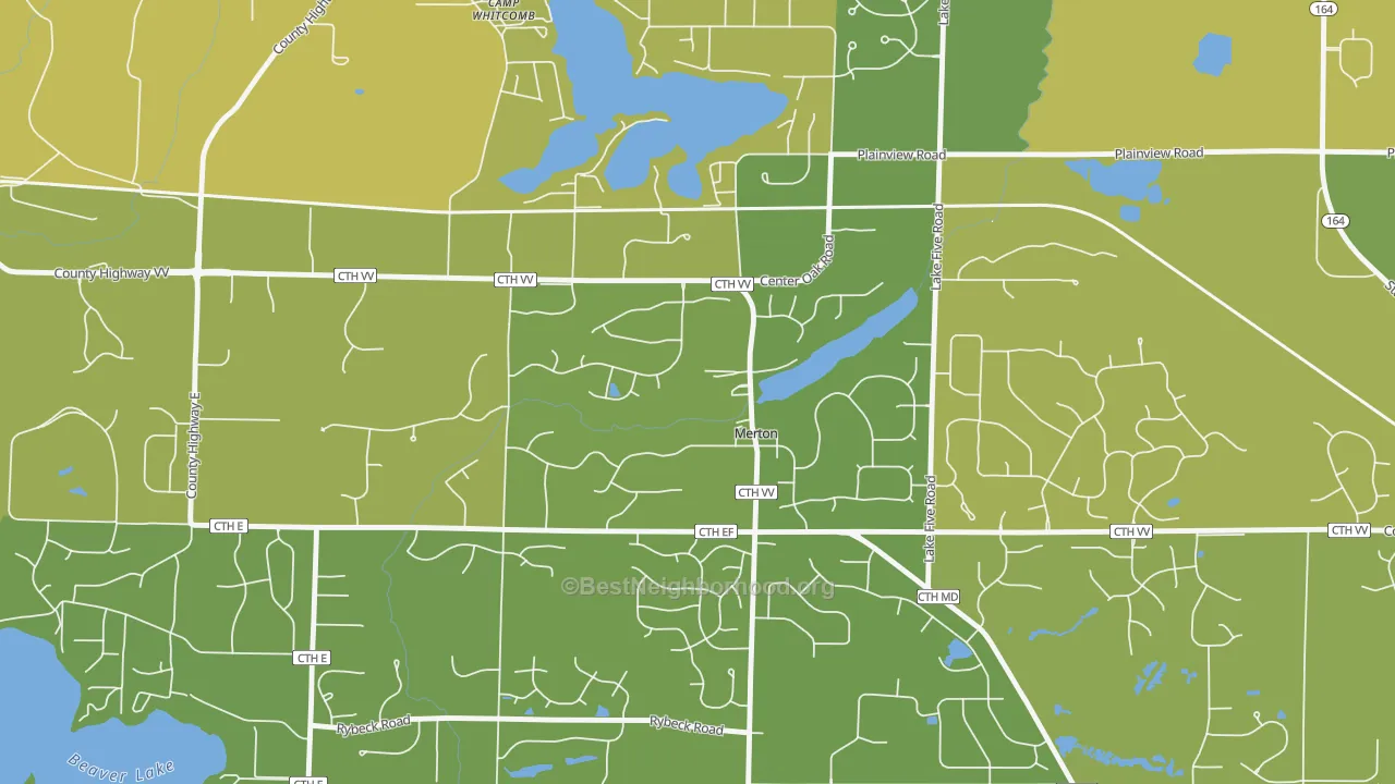 Map of the best neighborhoods in the 53056 area, with better matches in green and worse matches in red