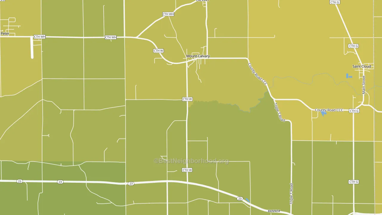 Map of the best neighborhoods in the 53057 area, with better matches in green and worse matches in red
