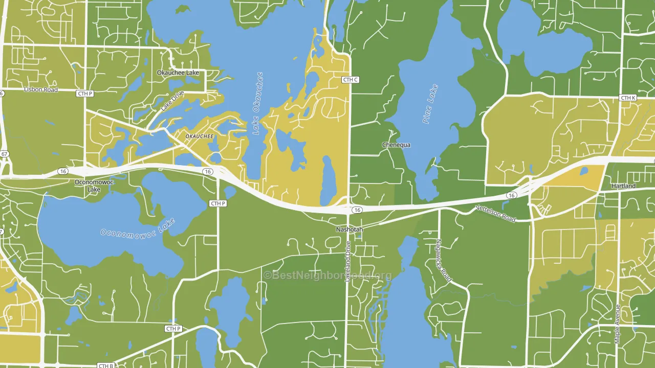 Map of the best neighborhoods in the 53058 area, with better matches in green and worse matches in red