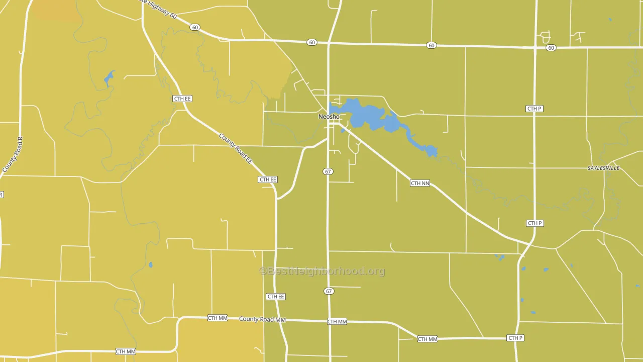 Map of the best neighborhoods in the 53059 area, with better matches in green and worse matches in red