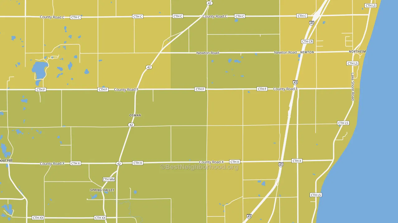 Map of the best neighborhoods in the 53063 area, with better matches in green and worse matches in red