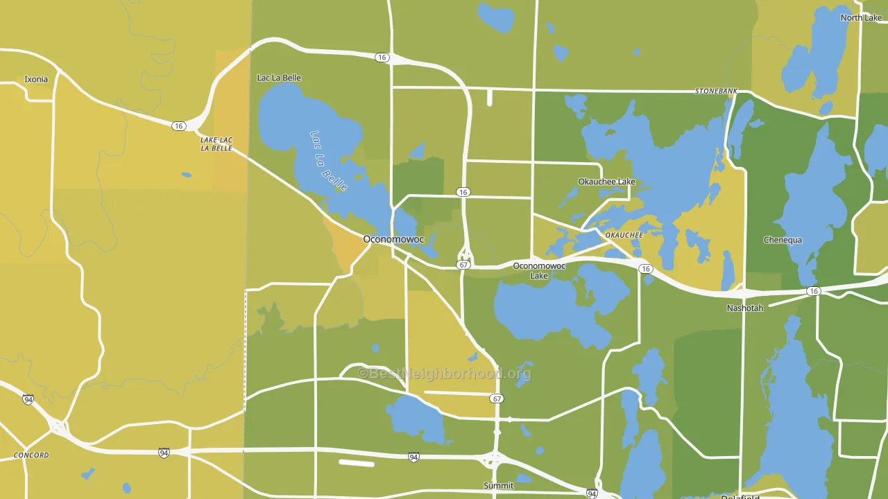 Map of the best neighborhoods in the 53066 area, with better matches in green and worse matches in red