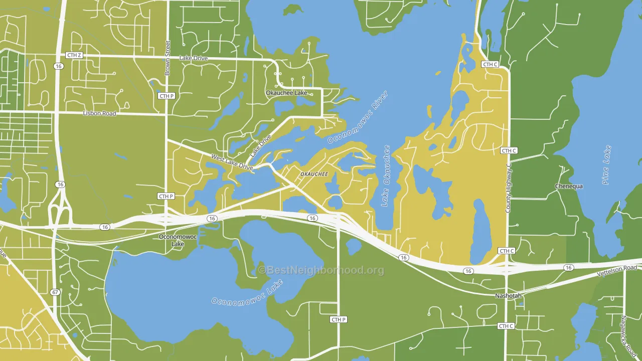 Map of the best neighborhoods in the 53069 area, with better matches in green and worse matches in red