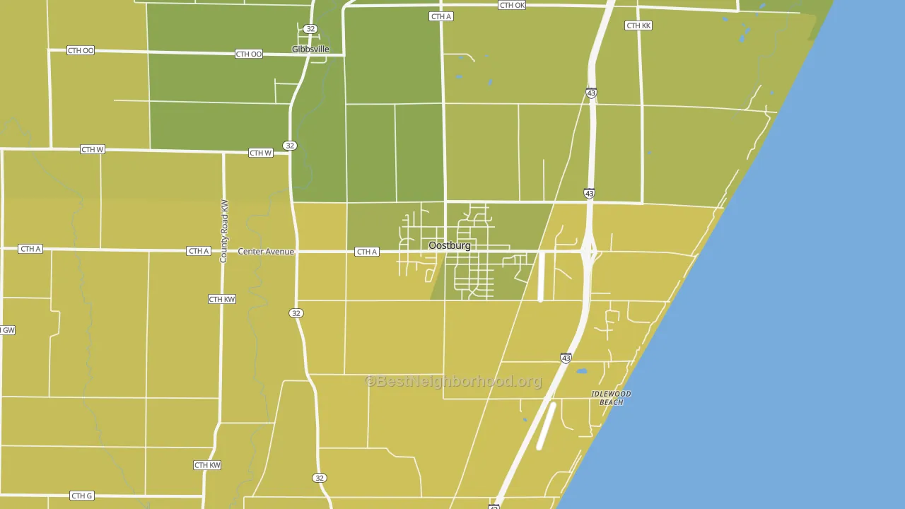Map of the best neighborhoods in the 53070 area, with better matches in green and worse matches in red