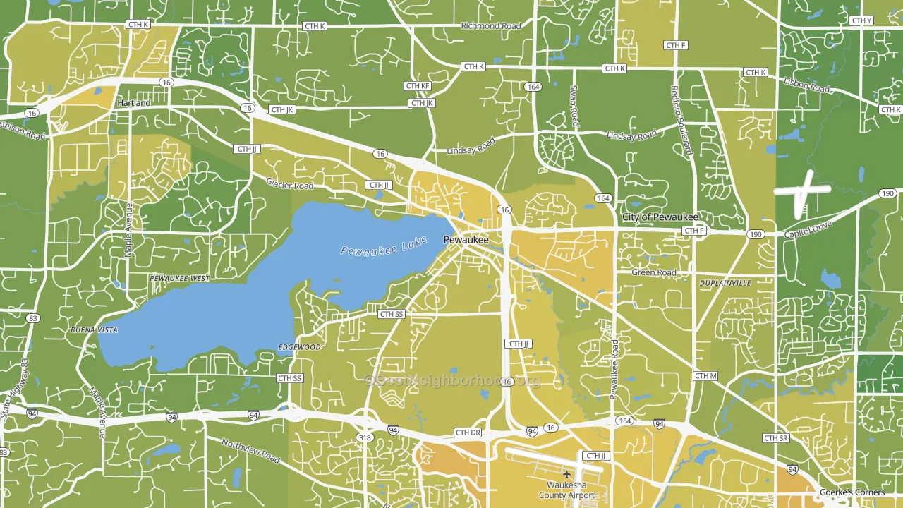 Map of the best neighborhoods in the 53072 area, with better matches in green and worse matches in red