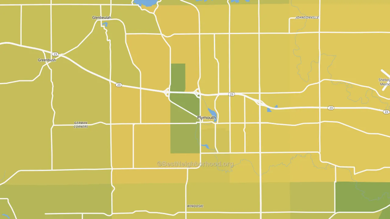 Map of the best neighborhoods in the 53073 area, with better matches in green and worse matches in red