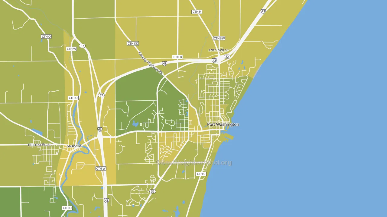 Map of the best neighborhoods in the 53074 area, with better matches in green and worse matches in red