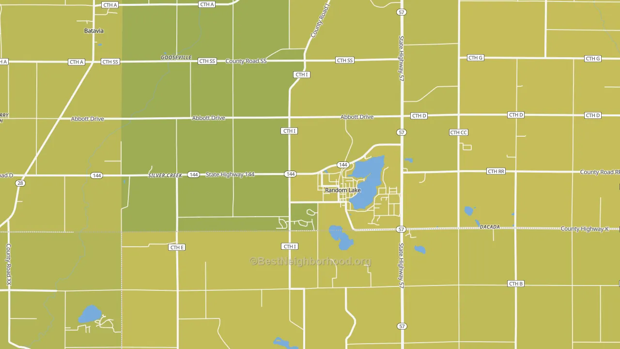 Map of the best neighborhoods in the 53075 area, with better matches in green and worse matches in red
