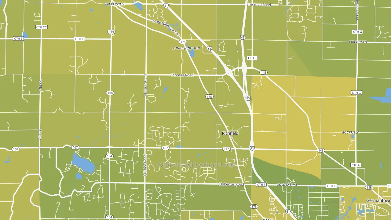 Map of the best neighborhoods in the 53076 area, with better matches in green and worse matches in red