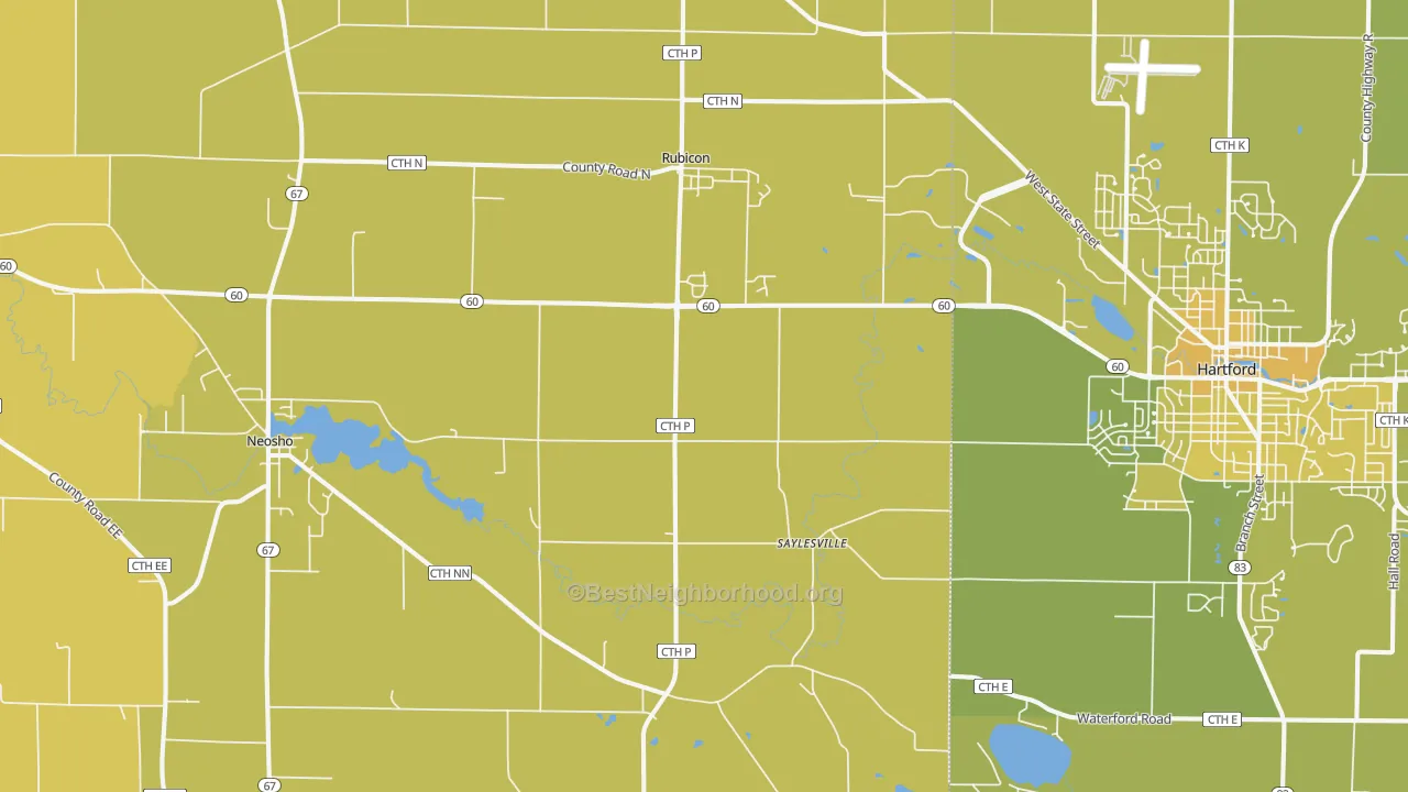 Map of the best neighborhoods in the 53078 area, with better matches in green and worse matches in red