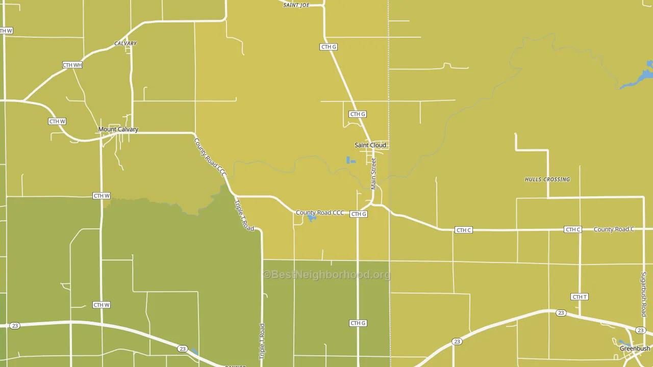 Map of the best neighborhoods in the 53079 area, with better matches in green and worse matches in red