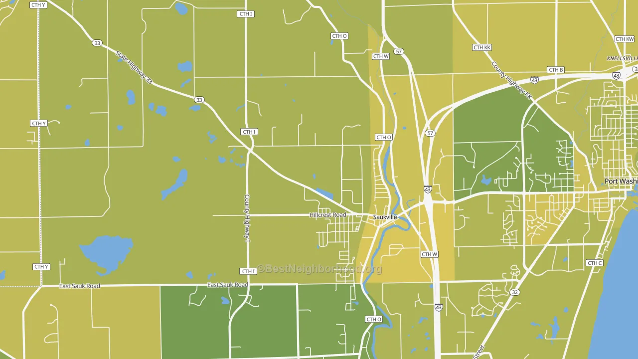 Map of the best neighborhoods in the 53080 area, with better matches in green and worse matches in red