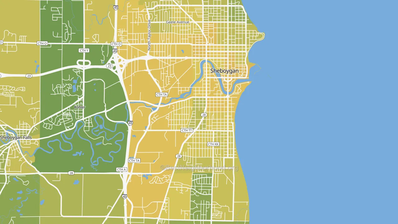 Map of the best neighborhoods in the 53081 area, with better matches in green and worse matches in red