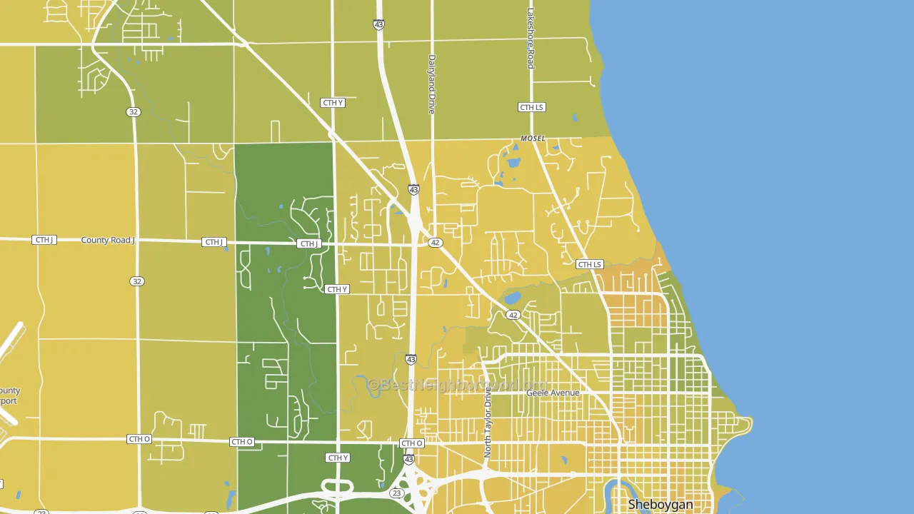 Map of the best neighborhoods in the 53083 area, with better matches in green and worse matches in red