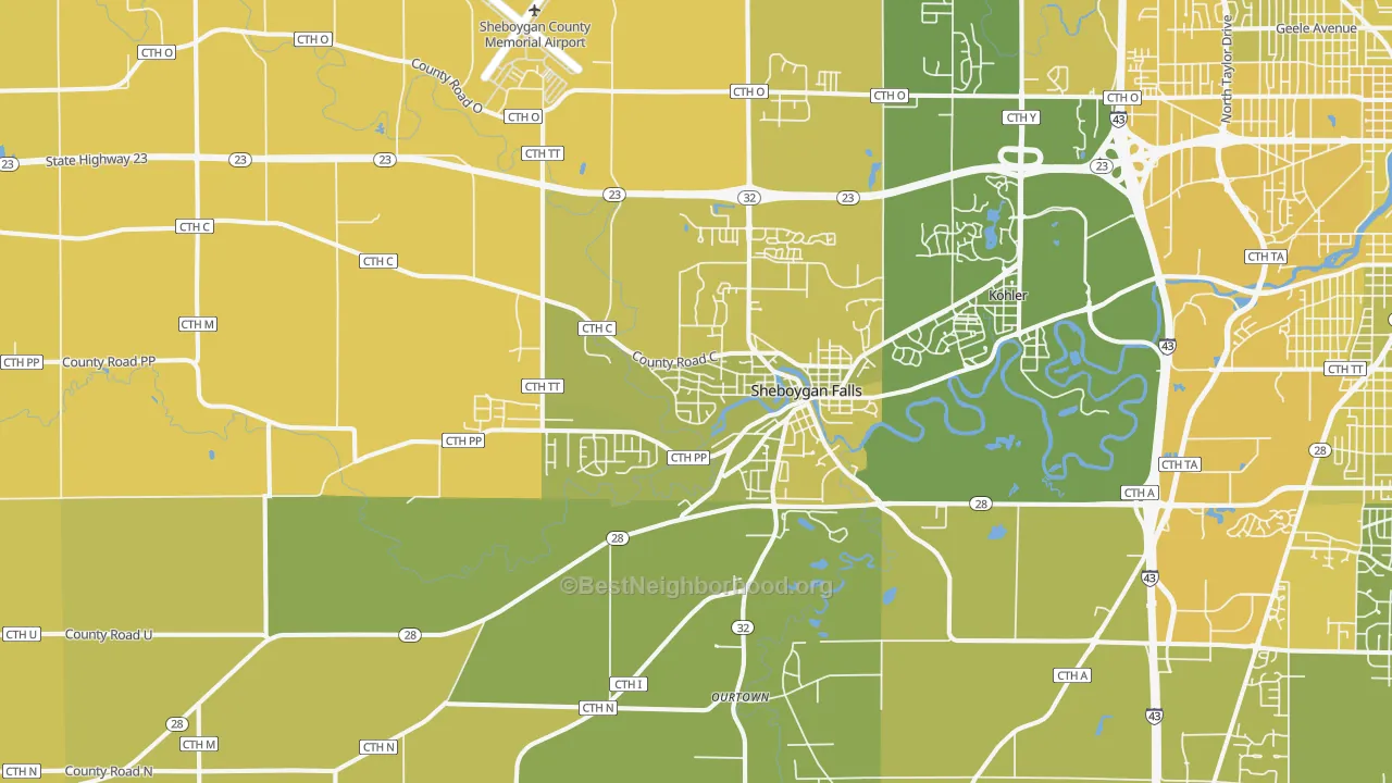 Map of the best neighborhoods in the 53085 area, with better matches in green and worse matches in red