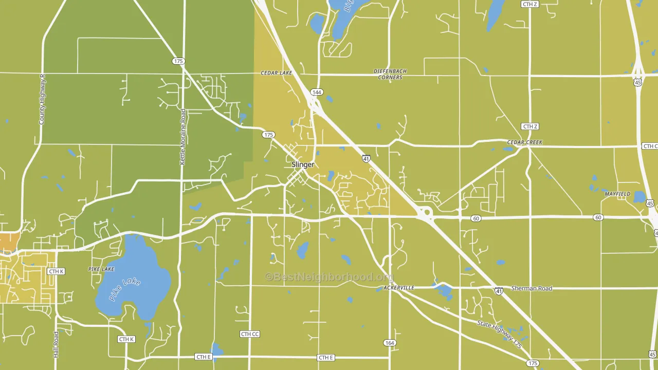 Map of the best neighborhoods in the 53086 area, with better matches in green and worse matches in red