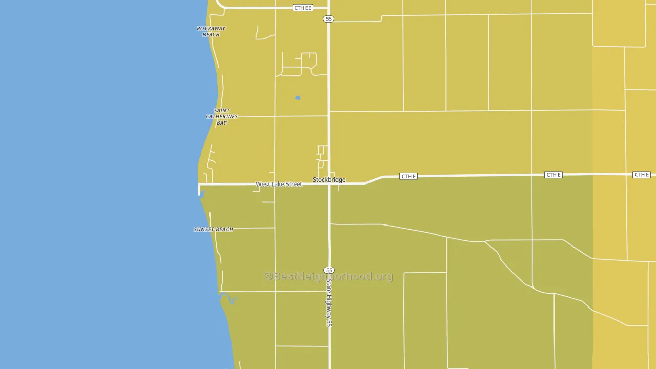 Map of the best neighborhoods in the 53088 area, with better matches in green and worse matches in red