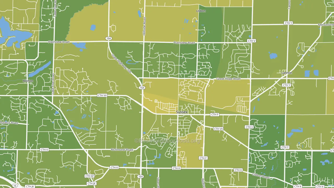 Map of the best neighborhoods in the 53089 area, with better matches in green and worse matches in red