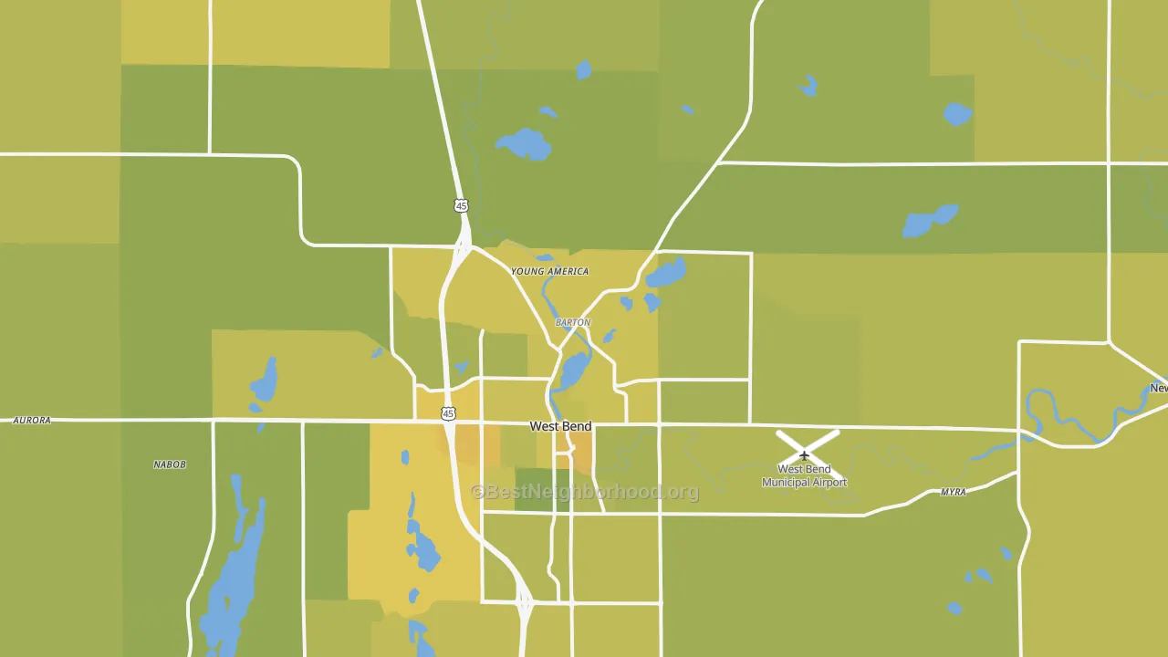 Map of the best neighborhoods in the 53090 area, with better matches in green and worse matches in red