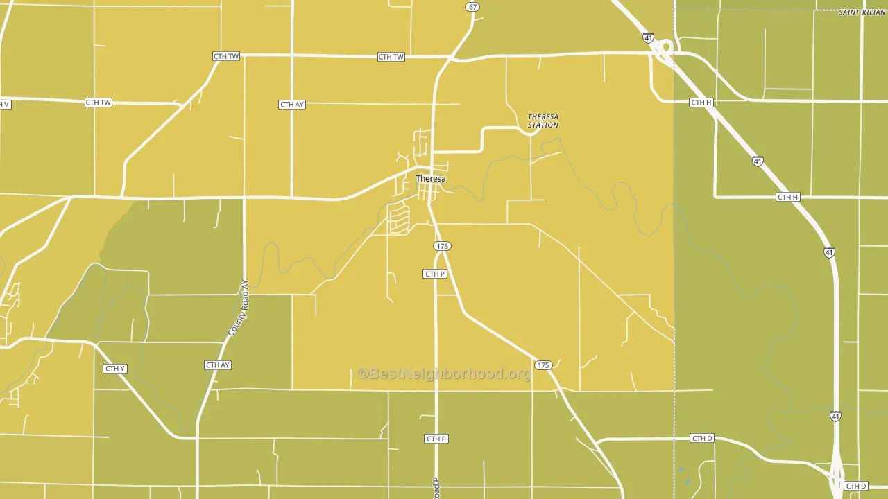Map of the best neighborhoods in the 53091 area, with better matches in green and worse matches in red
