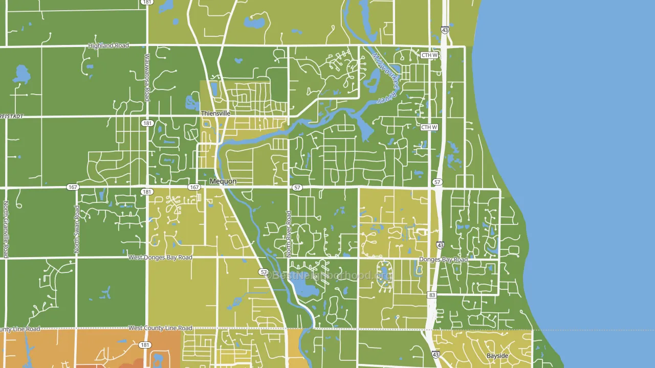 Map of the best neighborhoods in the 53092 area, with better matches in green and worse matches in red