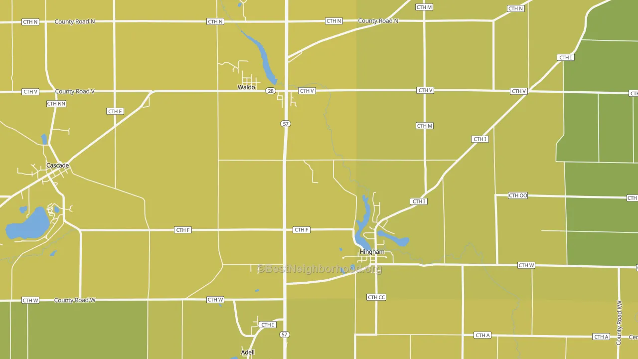 Map of the best neighborhoods in the 53093 area, with better matches in green and worse matches in red