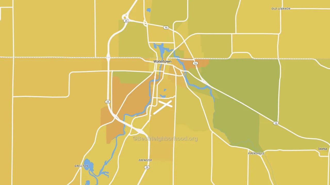 Map of the best neighborhoods in the 53094 area, with better matches in green and worse matches in red