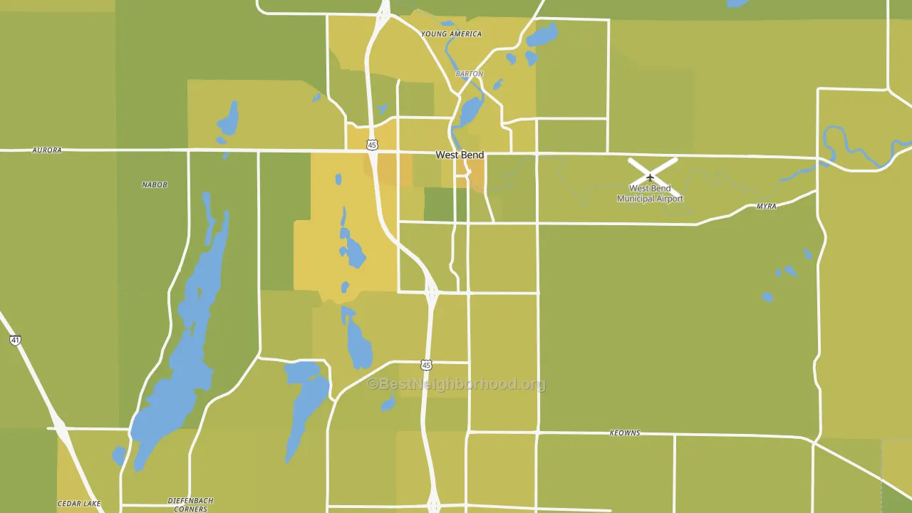 Map of the best neighborhoods in the 53095 area, with better matches in green and worse matches in red