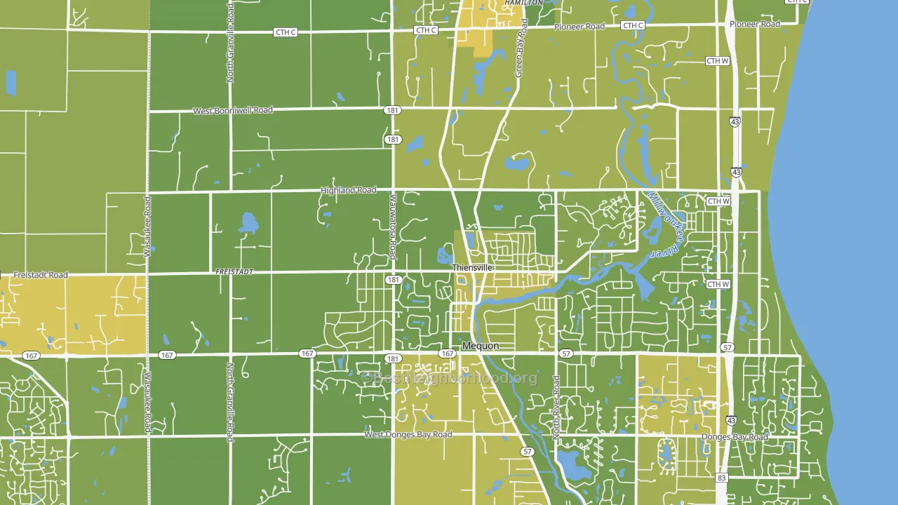 Map of the best neighborhoods in the 53097 area, with better matches in green and worse matches in red