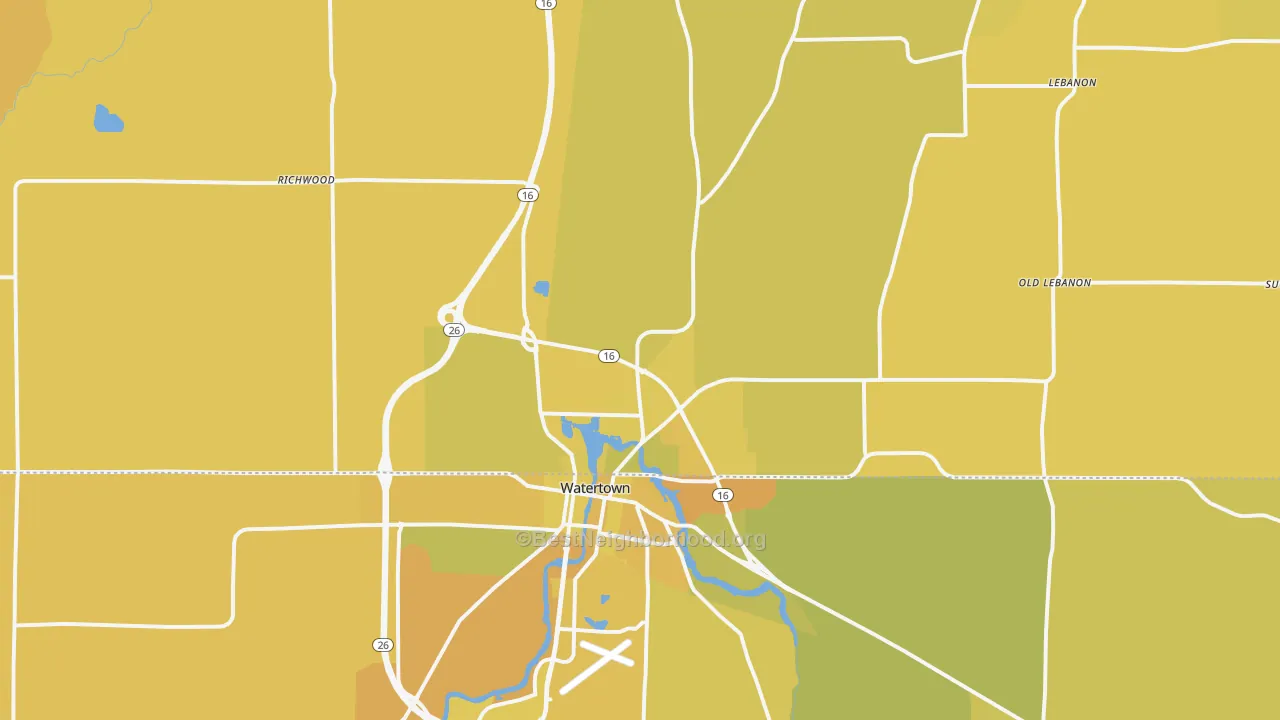 Map of the best neighborhoods in the 53098 area, with better matches in green and worse matches in red