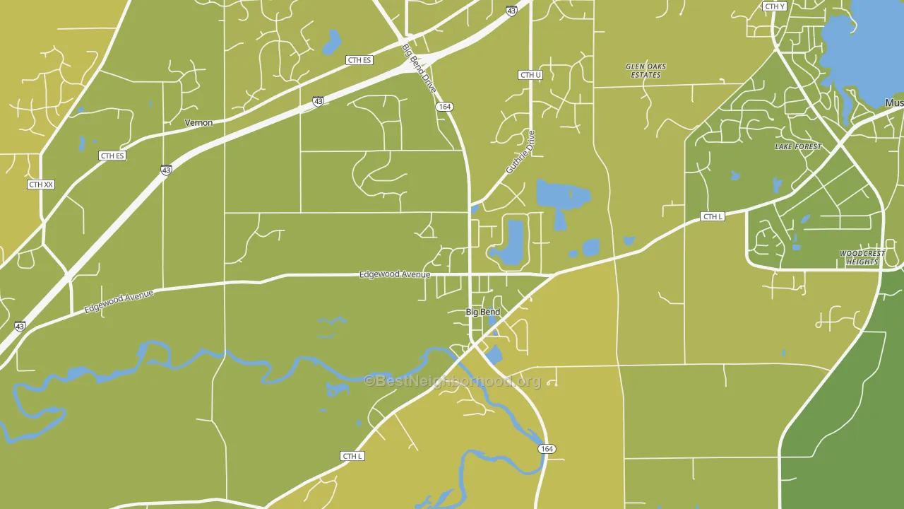 Map of the best neighborhoods in the 53103 area, with better matches in green and worse matches in red