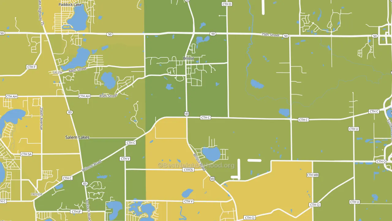 Map of the best neighborhoods in the 53104 area, with better matches in green and worse matches in red