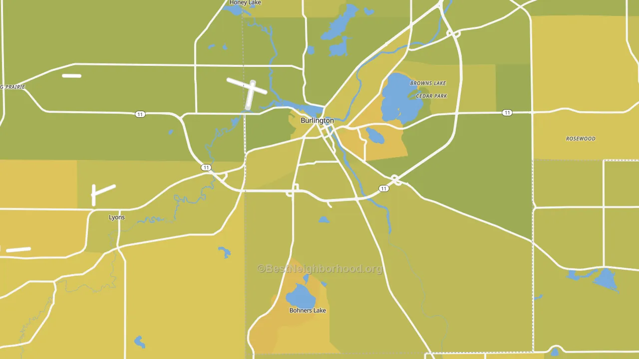 Map of the best neighborhoods in the 53105 area, with better matches in green and worse matches in red