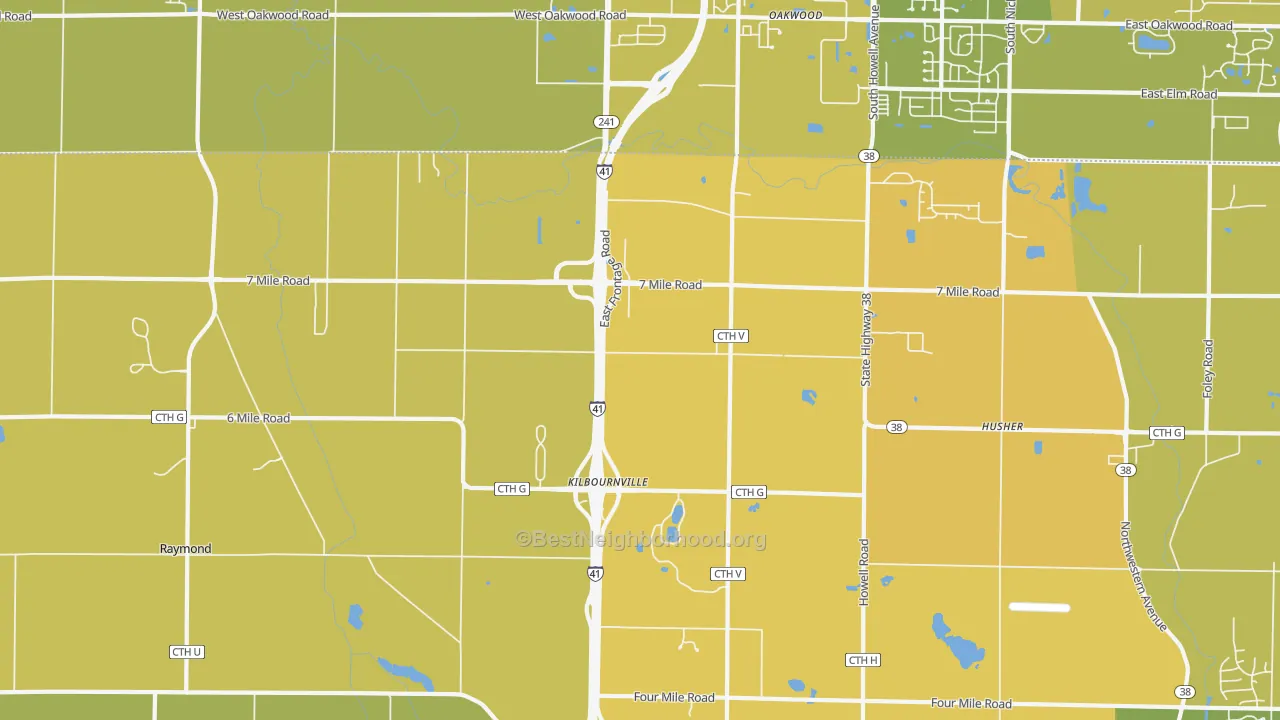Map of the best neighborhoods in the 53108 area, with better matches in green and worse matches in red