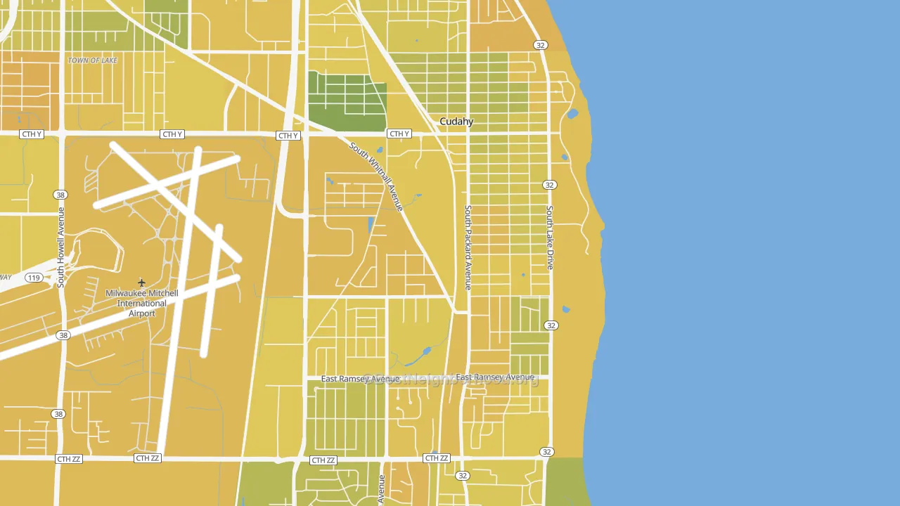 Map of the best neighborhoods in the 53110 area, with better matches in green and worse matches in red
