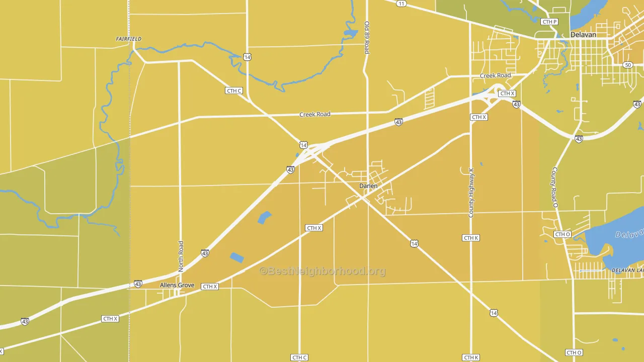 Map of the best neighborhoods in the 53114 area, with better matches in green and worse matches in red