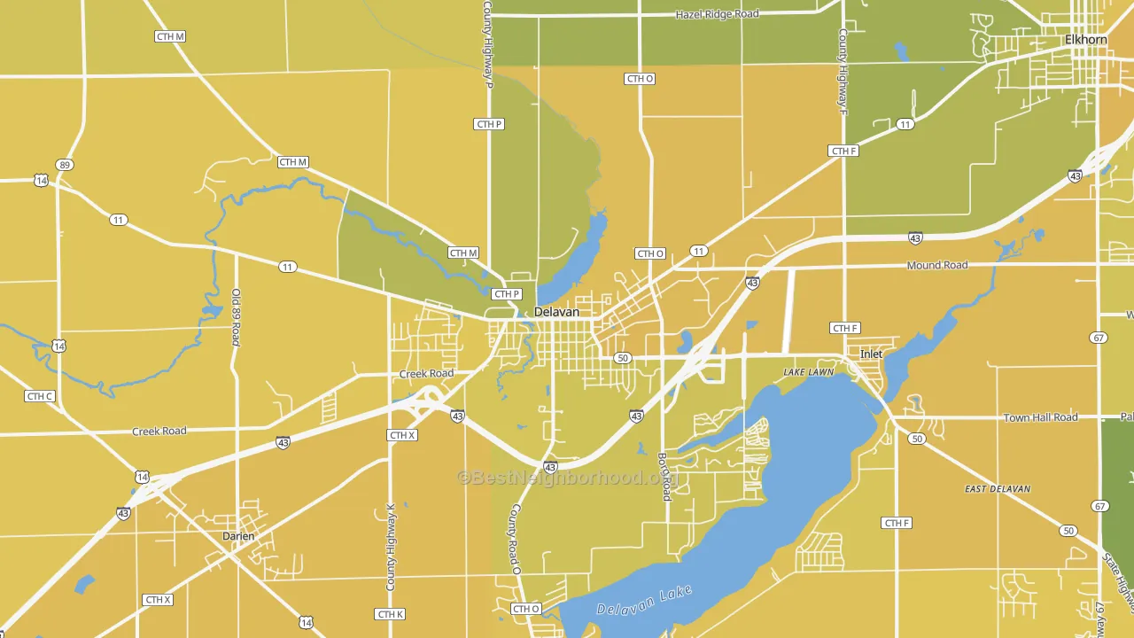 Map of the best neighborhoods in the 53115 area, with better matches in green and worse matches in red