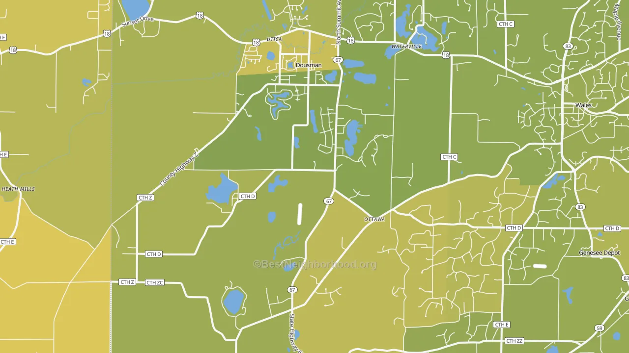 Map of the best neighborhoods in the 53118 area, with better matches in green and worse matches in red
