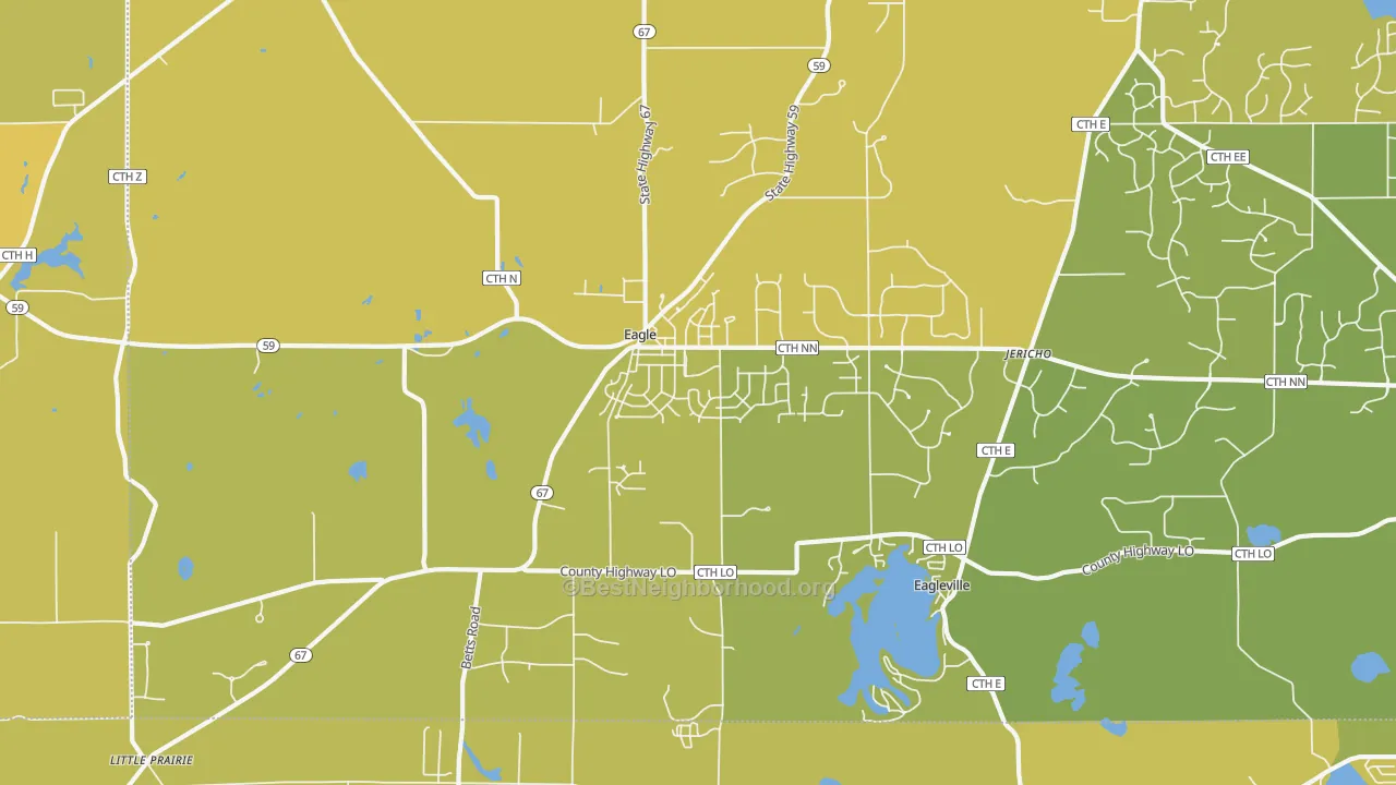 Map of the best neighborhoods in the 53119 area, with better matches in green and worse matches in red