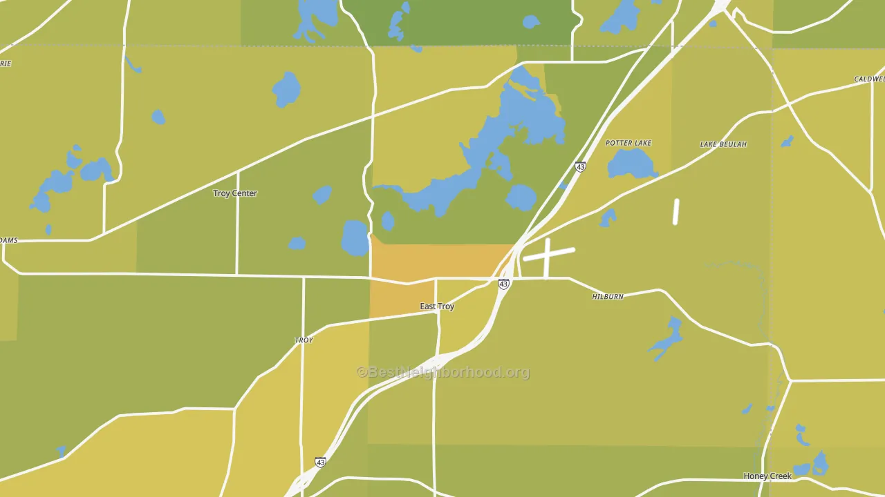 Map of the best neighborhoods in the 53120 area, with better matches in green and worse matches in red