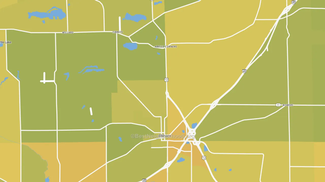 Map of the best neighborhoods in the 53121 area, with better matches in green and worse matches in red